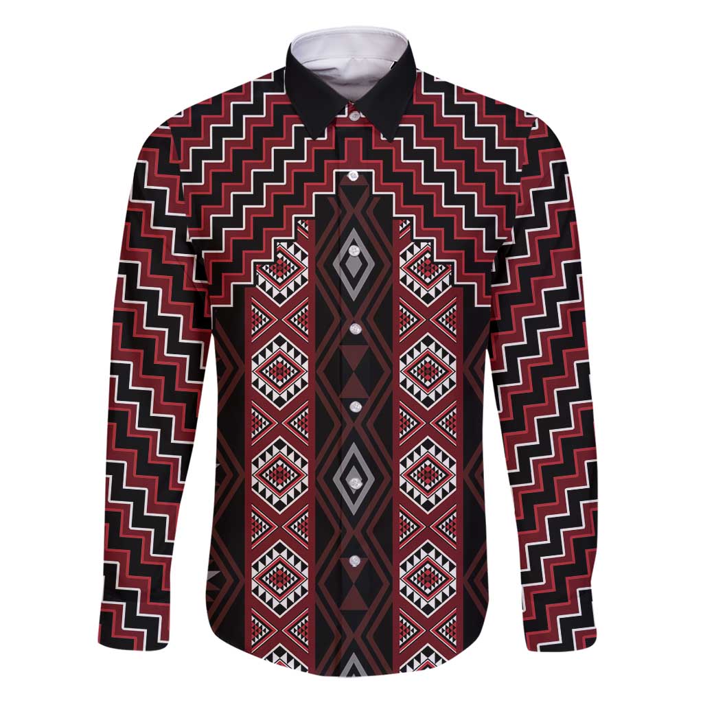 New Zealand Aotearoa Family Matching Off Shoulder Short Dress and Hawaiian Shirt Red Poutama With Taniko Pattern LT05 Dad's Shirt - Long Sleeve Red - Polynesian Pride