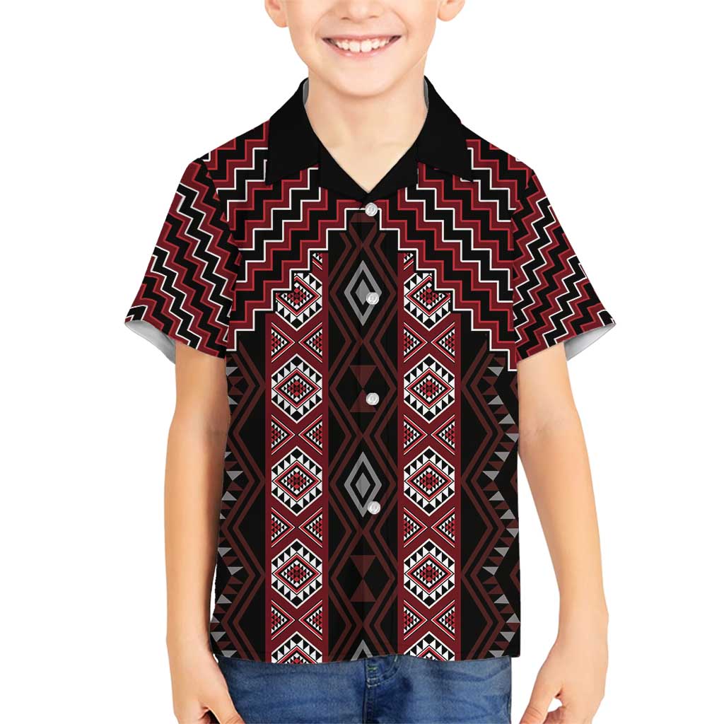 New Zealand Aotearoa Family Matching Off Shoulder Short Dress and Hawaiian Shirt Red Poutama With Taniko Pattern LT05 Son's Shirt Red - Polynesian Pride
