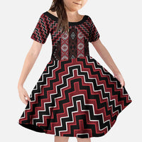New Zealand Aotearoa Family Matching Short Sleeve Bodycon Dress and Hawaiian Shirt Red Poutama With Taniko Pattern LT05 Daughter's Dress Red - Polynesian Pride