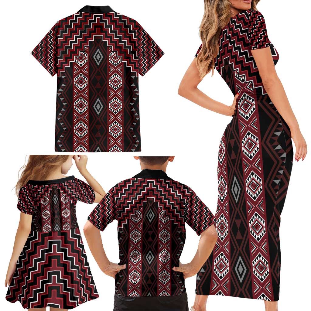New Zealand Aotearoa Family Matching Short Sleeve Bodycon Dress and Hawaiian Shirt Red Poutama With Taniko Pattern LT05 - Polynesian Pride