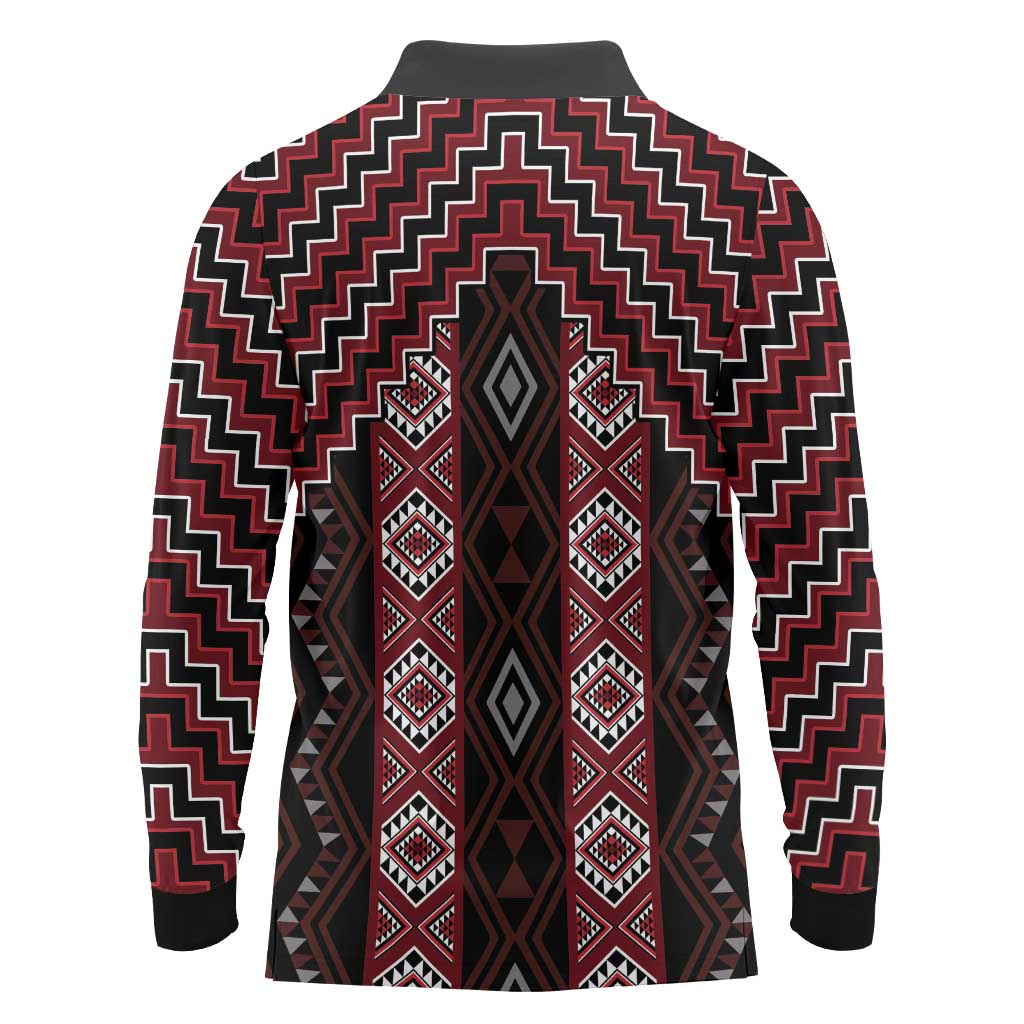 New Zealand Aotearoa Long Sleeve Polo Shirt Red Poutama With Taniko Pattern LT05 - Polynesian Pride