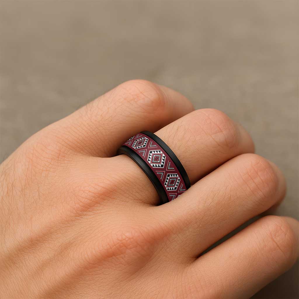 New Zealand Aotearoa Spinner Ring Red Poutama With Taniko Pattern - Polynesian Pride