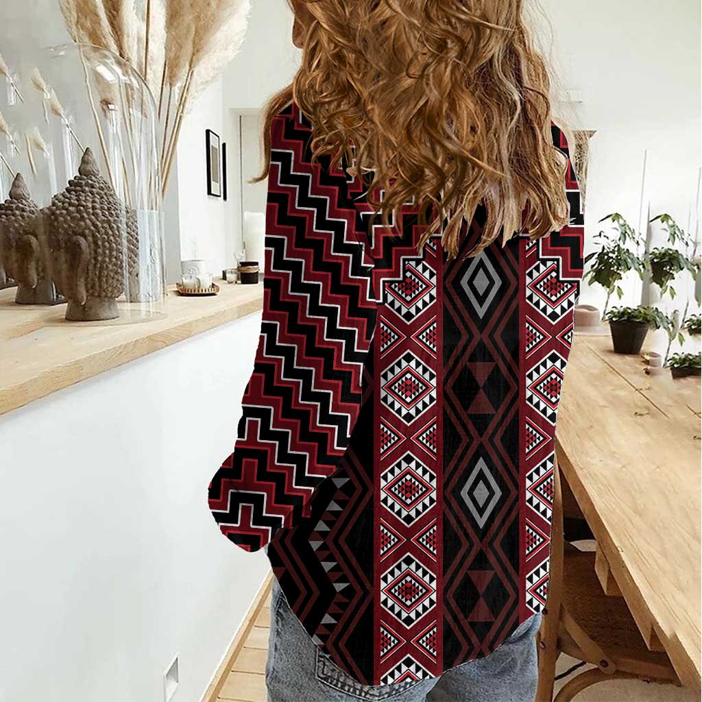 New Zealand Aotearoa Women Casual Shirt Red Poutama With Taniko Pattern LT05