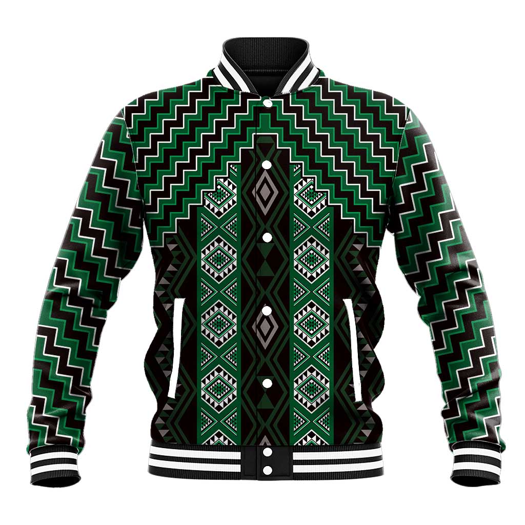 New Zealand Aotearoa Baseball Jacket Green Poutama With Taniko Pattern LT05