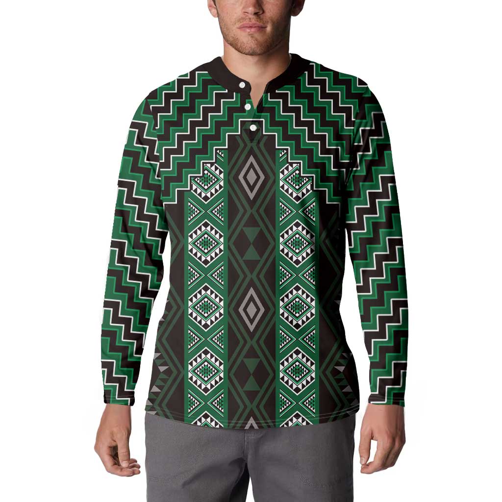 New Zealand Aotearoa Button Sweatshirt Green Poutama With Taniko Pattern LT05