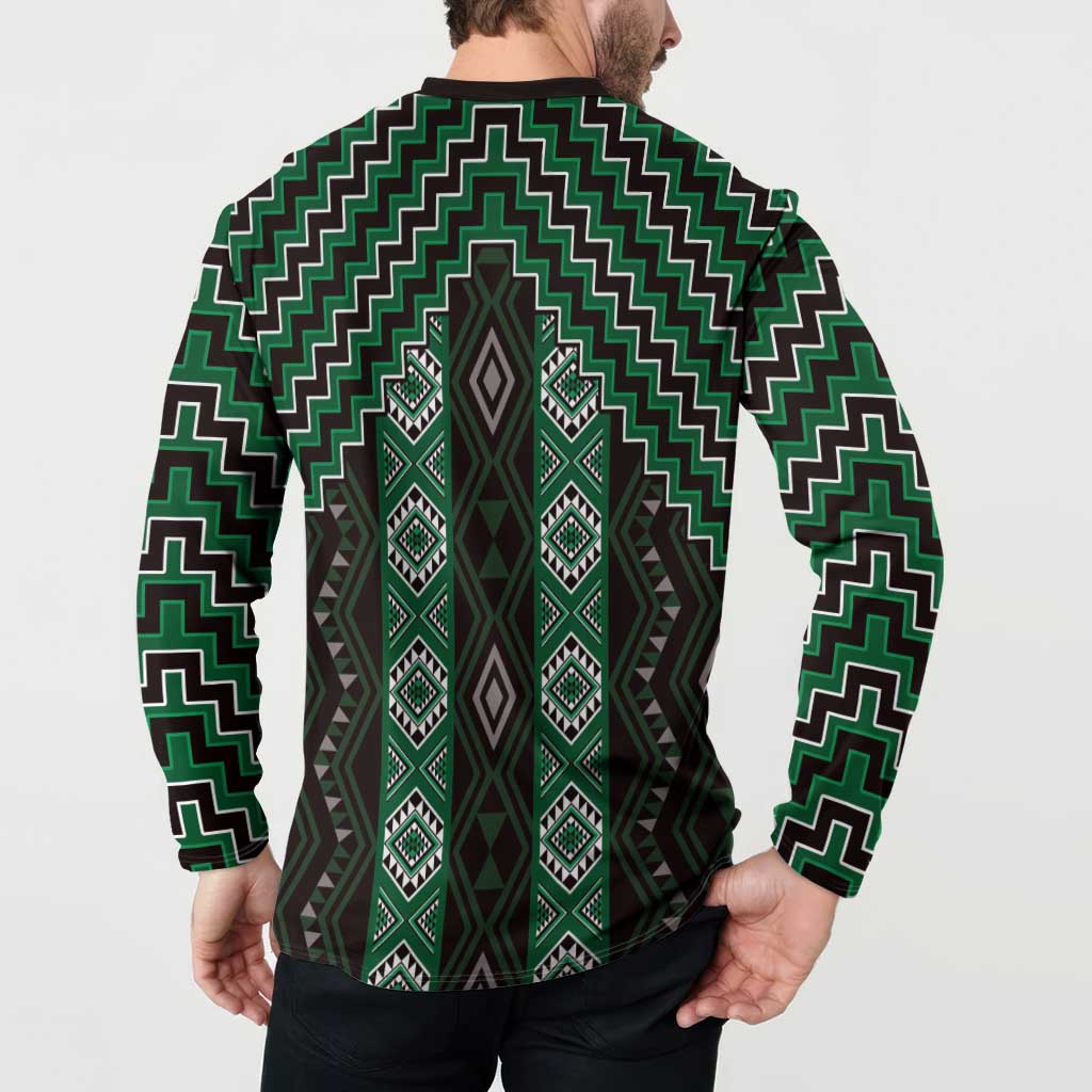 New Zealand Aotearoa Button Sweatshirt Green Poutama With Taniko Pattern LT05