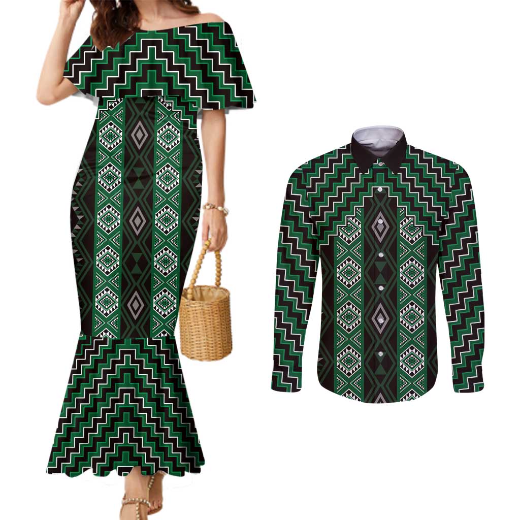 New Zealand Aotearoa Couples Matching Mermaid Dress and Long Sleeve Button Shirt Green Poutama With Taniko Pattern LT05