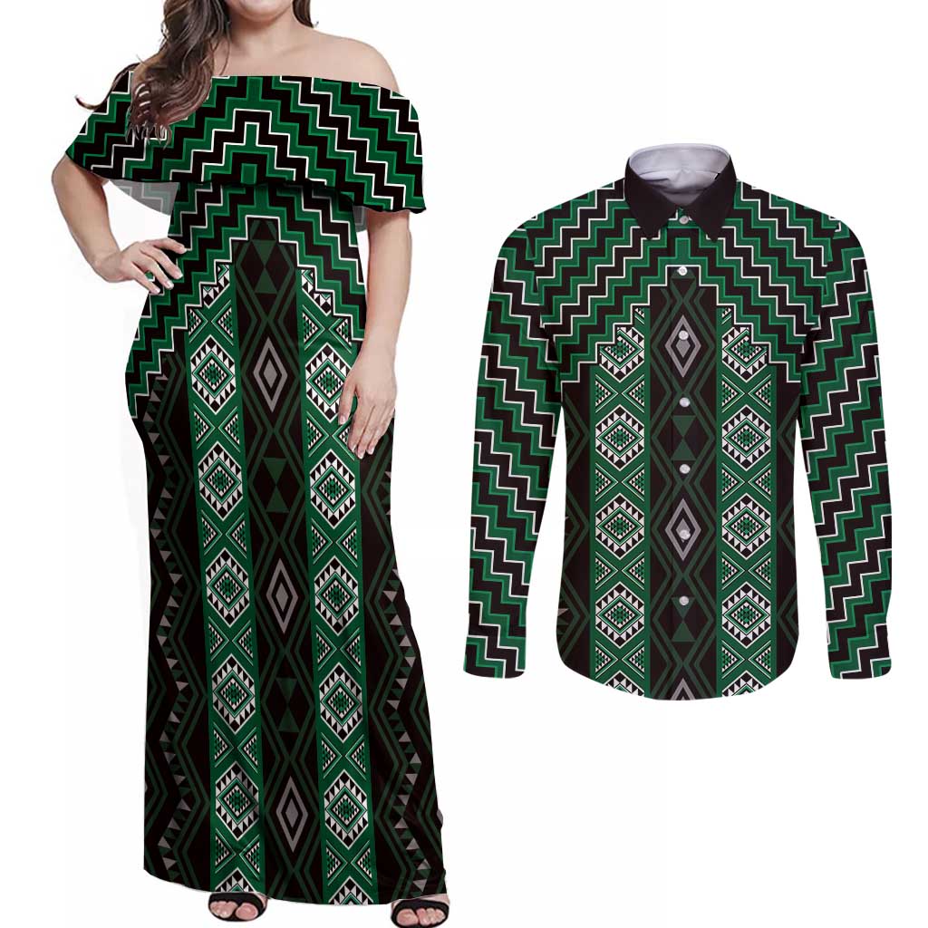 New Zealand Aotearoa Couples Matching Off Shoulder Maxi Dress and Long Sleeve Button Shirt Green Poutama With Taniko Pattern LT05