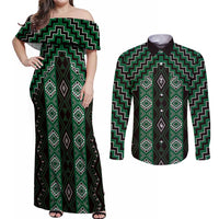 New Zealand Aotearoa Couples Matching Off Shoulder Maxi Dress and Long Sleeve Button Shirt Green Poutama With Taniko Pattern LT05