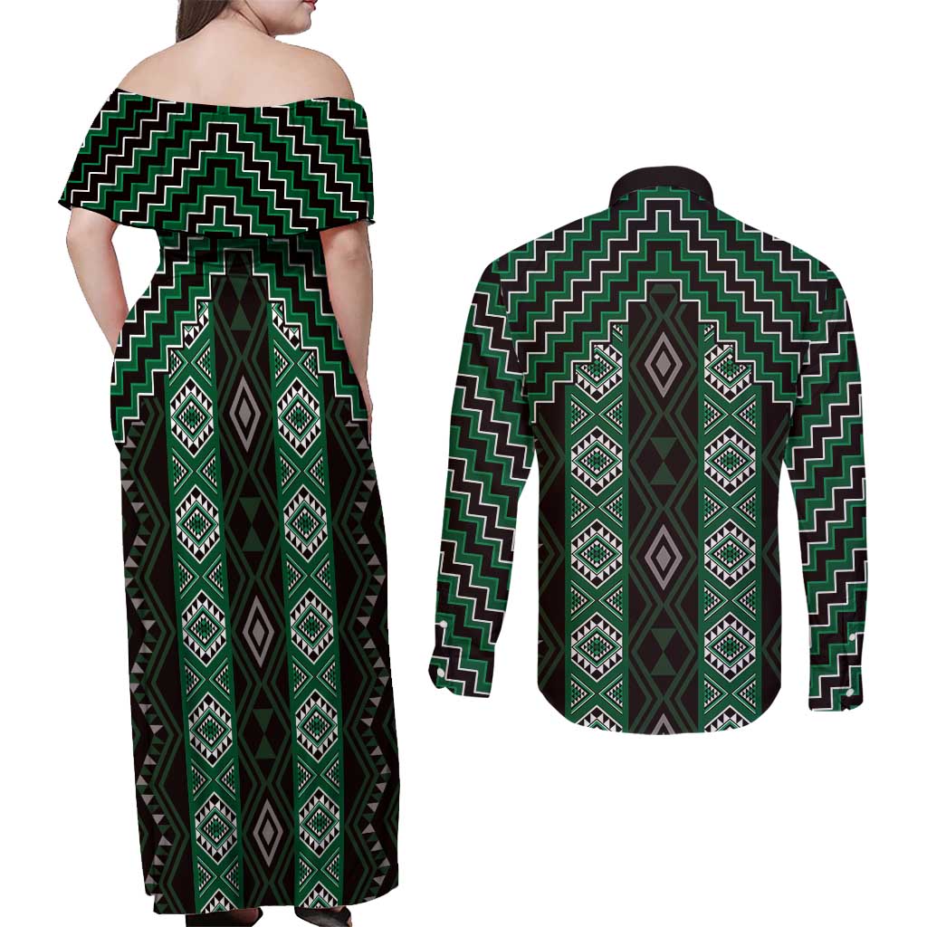 New Zealand Aotearoa Couples Matching Off Shoulder Maxi Dress and Long Sleeve Button Shirt Green Poutama With Taniko Pattern LT05