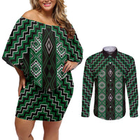 New Zealand Aotearoa Couples Matching Off Shoulder Short Dress and Long Sleeve Button Shirt Green Poutama With Taniko Pattern LT05