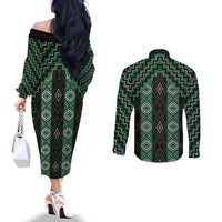 New Zealand Aotearoa Couples Matching Off The Shoulder Long Sleeve Dress and Long Sleeve Button Shirt Green Poutama With Taniko Pattern LT05