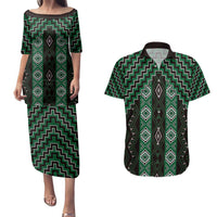 New Zealand Aotearoa Couples Matching Puletasi and Hawaiian Shirt Green Poutama With Taniko Pattern LT05