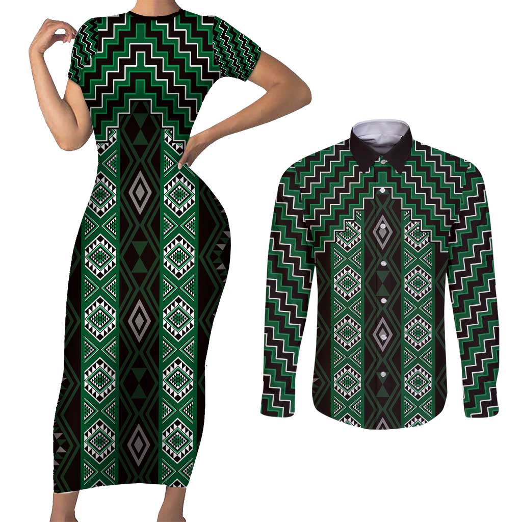 New Zealand Aotearoa Couples Matching Short Sleeve Bodycon Dress and Long Sleeve Button Shirt Green Poutama With Taniko Pattern LT05