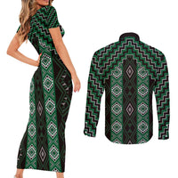 New Zealand Aotearoa Couples Matching Short Sleeve Bodycon Dress and Long Sleeve Button Shirt Green Poutama With Taniko Pattern LT05