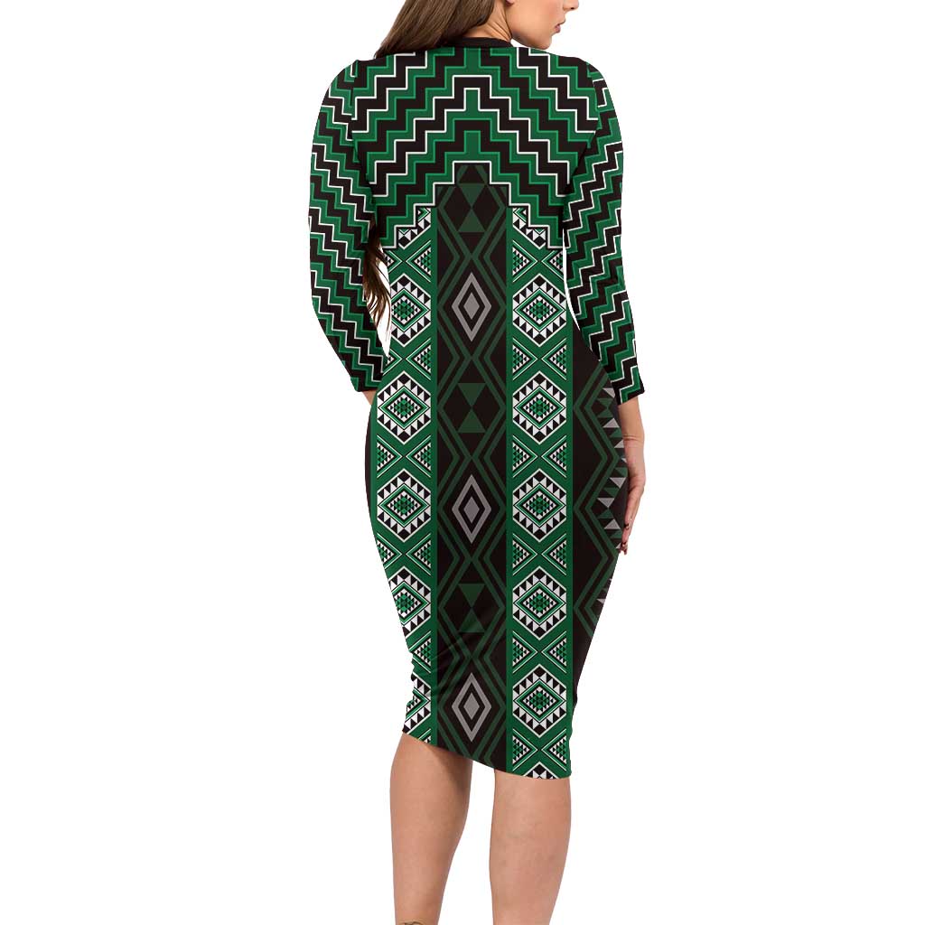 New Zealand Aotearoa Family Matching Long Sleeve Bodycon Dress and Hawaiian Shirt Green Poutama With Taniko Pattern LT05 - Polynesian Pride