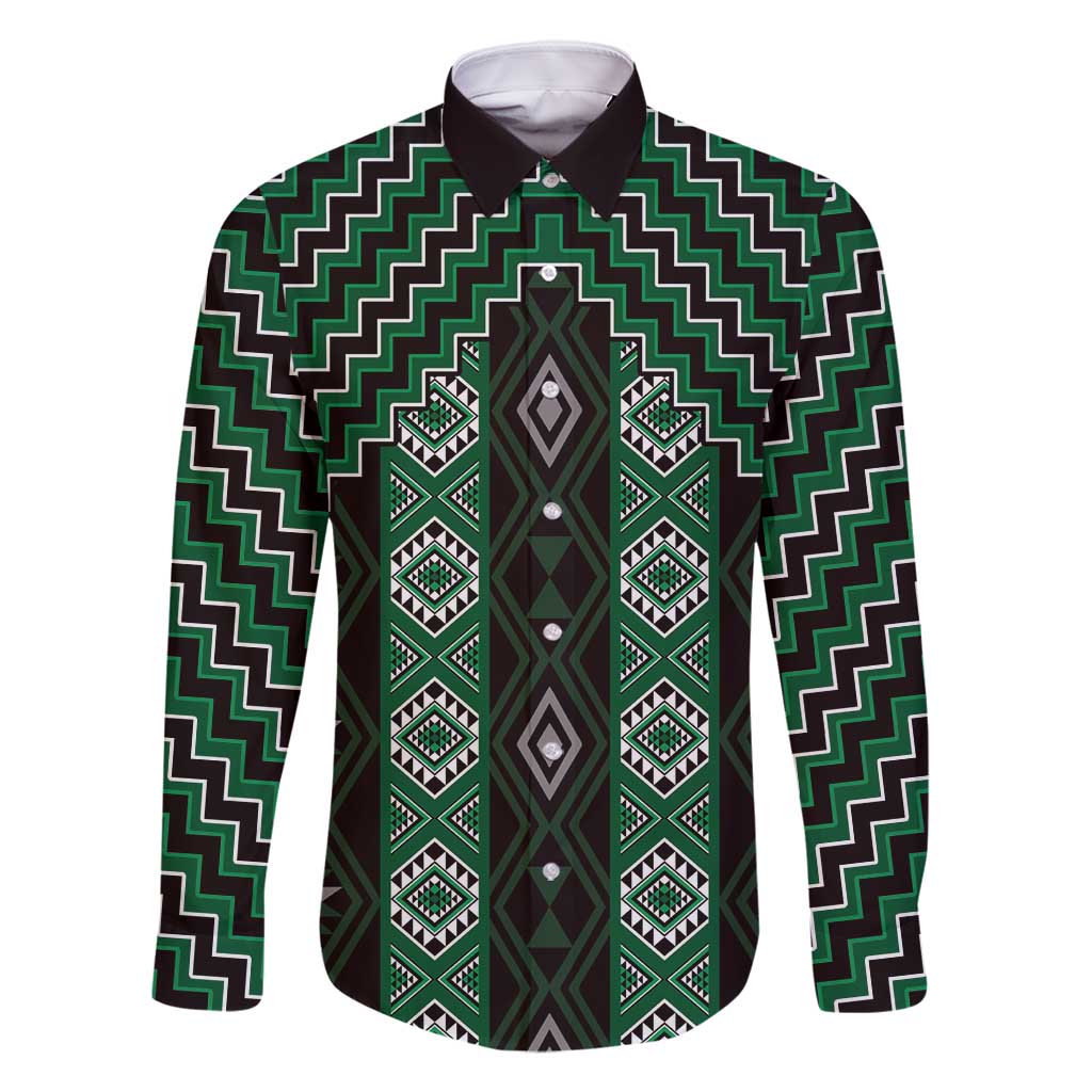 New Zealand Aotearoa Family Matching Mermaid Dress and Hawaiian Shirt Green Poutama With Taniko Pattern LT05 Dad's Shirt - Long Sleeve Green - Polynesian Pride