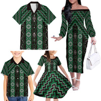 New Zealand Aotearoa Family Matching Off The Shoulder Long Sleeve Dress and Hawaiian Shirt Green Poutama With Taniko Pattern LT05