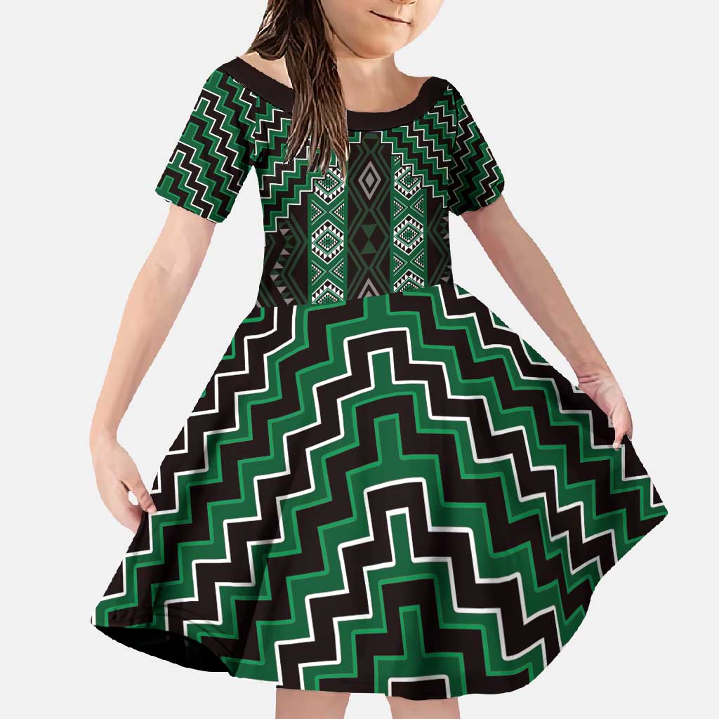 New Zealand Aotearoa Family Matching Summer Maxi Dress and Hawaiian Shirt Green Poutama With Taniko Pattern LT05 Daughter's Dress Green - Polynesian Pride