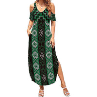 New Zealand Aotearoa Family Matching Summer Maxi Dress and Hawaiian Shirt Green Poutama With Taniko Pattern LT05 Mom's Dress Green - Polynesian Pride