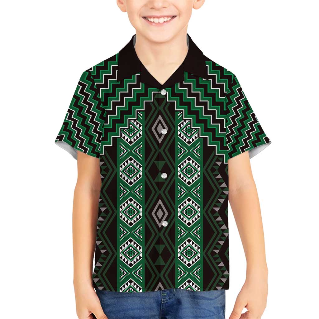 New Zealand Aotearoa Family Matching Summer Maxi Dress and Hawaiian Shirt Green Poutama With Taniko Pattern LT05 Son's Shirt Green - Polynesian Pride