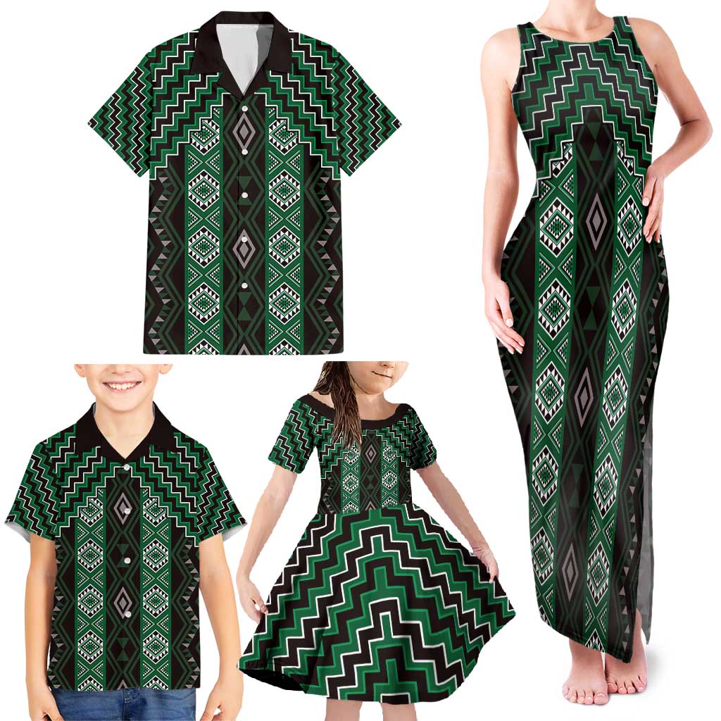 New Zealand Aotearoa Family Matching Tank Maxi Dress and Hawaiian Shirt Green Poutama With Taniko Pattern LT05 - Polynesian Pride