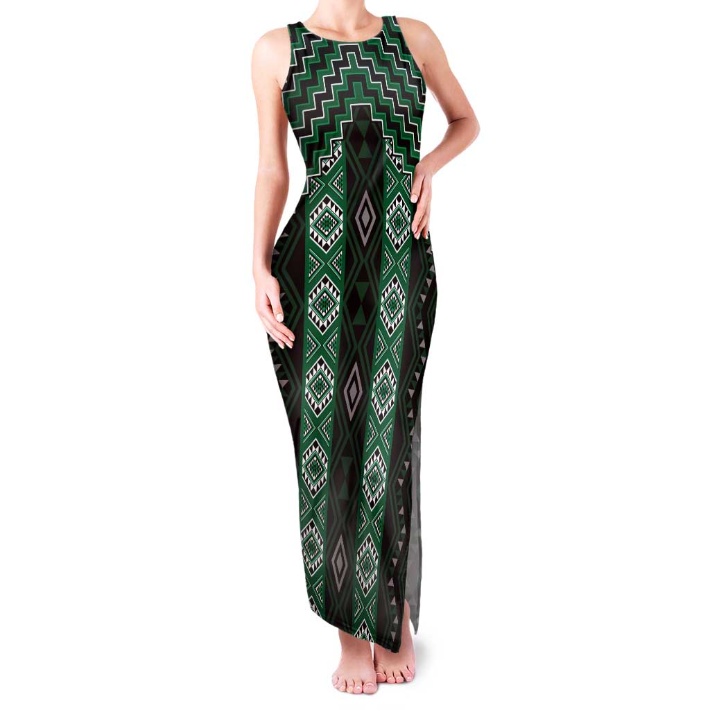 New Zealand Aotearoa Family Matching Tank Maxi Dress and Hawaiian Shirt Green Poutama With Taniko Pattern LT05 Mom's Dress Green - Polynesian Pride