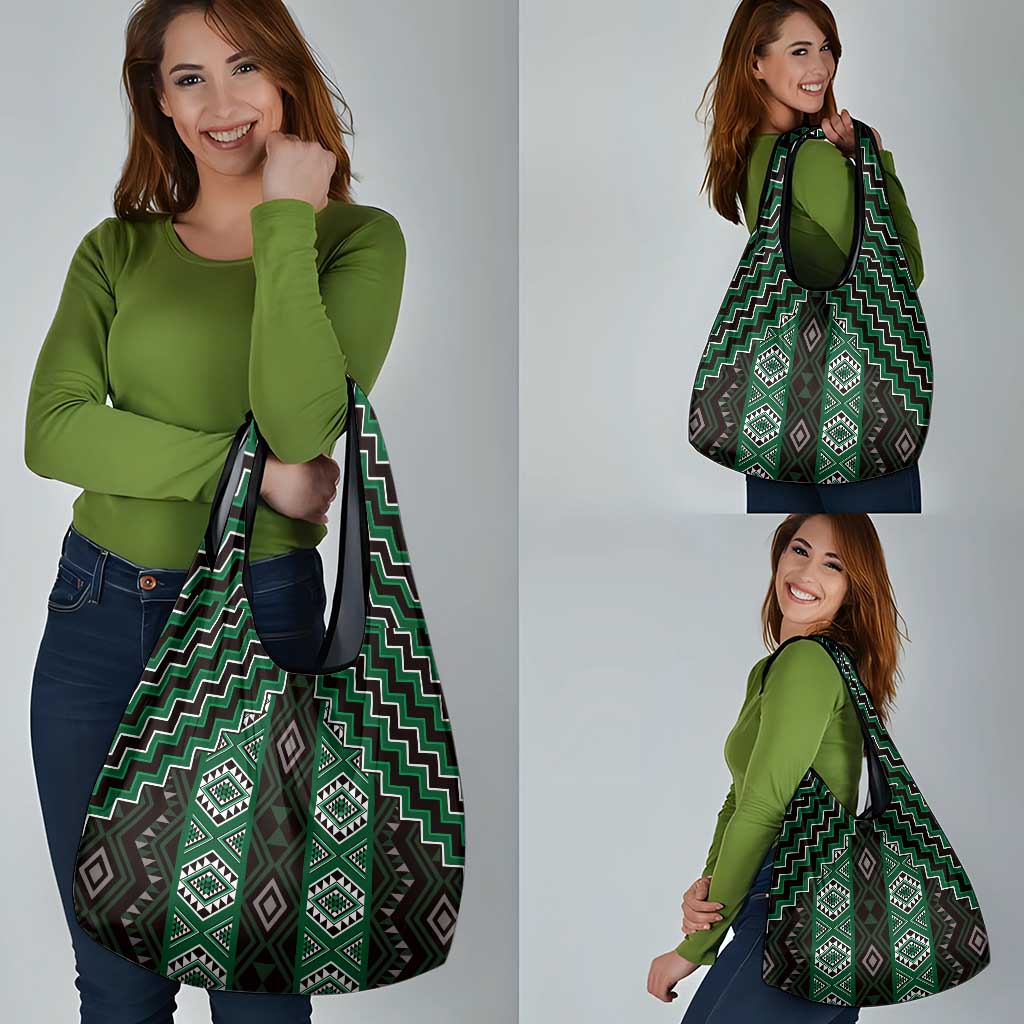 New Zealand Aotearoa Grocery Bag Green Poutama With Taniko Pattern