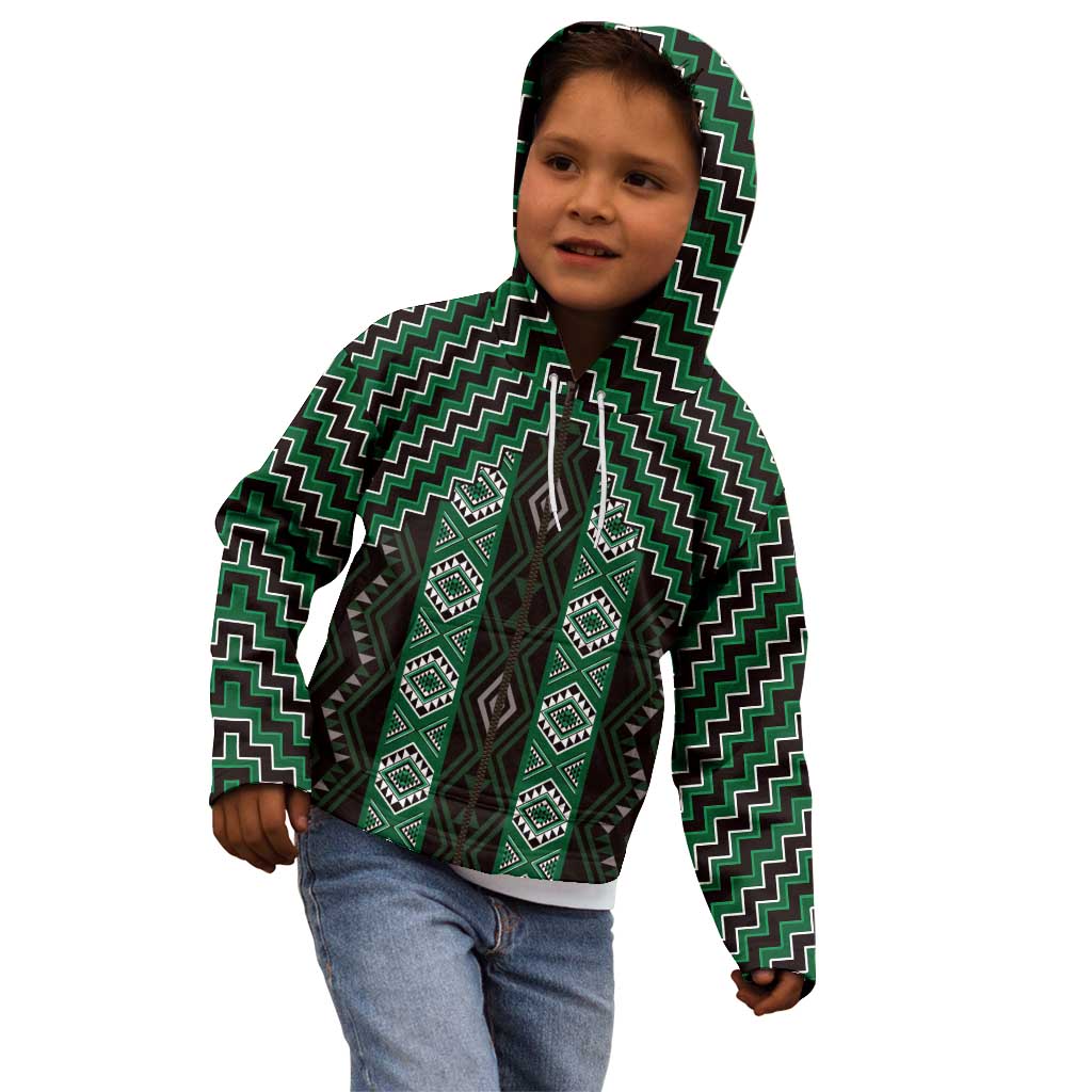 New Zealand Aotearoa Kid Hoodie Green Poutama With Taniko Pattern LT05