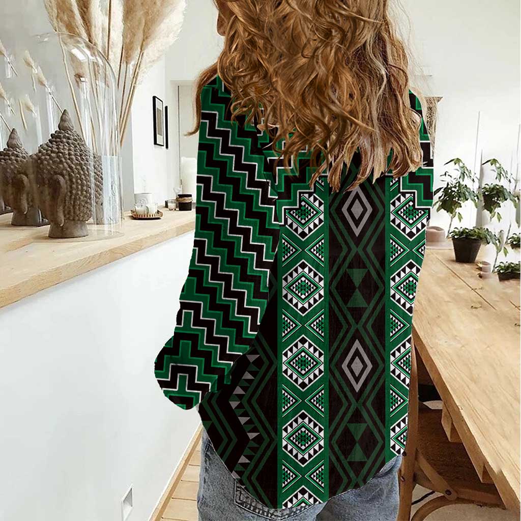 New Zealand Aotearoa Women Casual Shirt Green Poutama With Taniko Pattern LT05 - Polynesian Pride