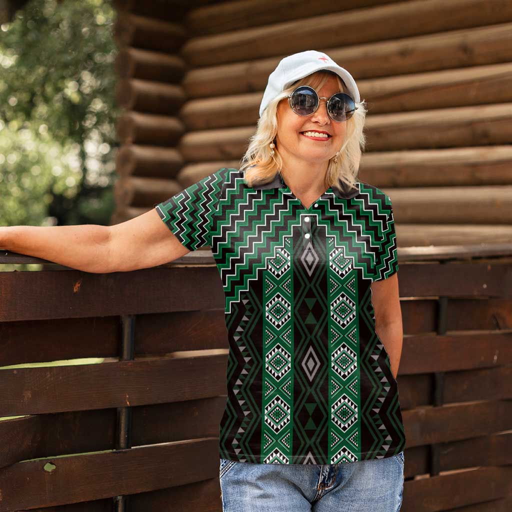 New Zealand Aotearoa Women Polo Shirt Green Poutama With Taniko Pattern LT05
