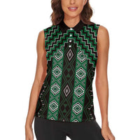 New Zealand Aotearoa Women Sleeveless Polo Shirt Green Poutama With Taniko Pattern LT05 - Polynesian Pride