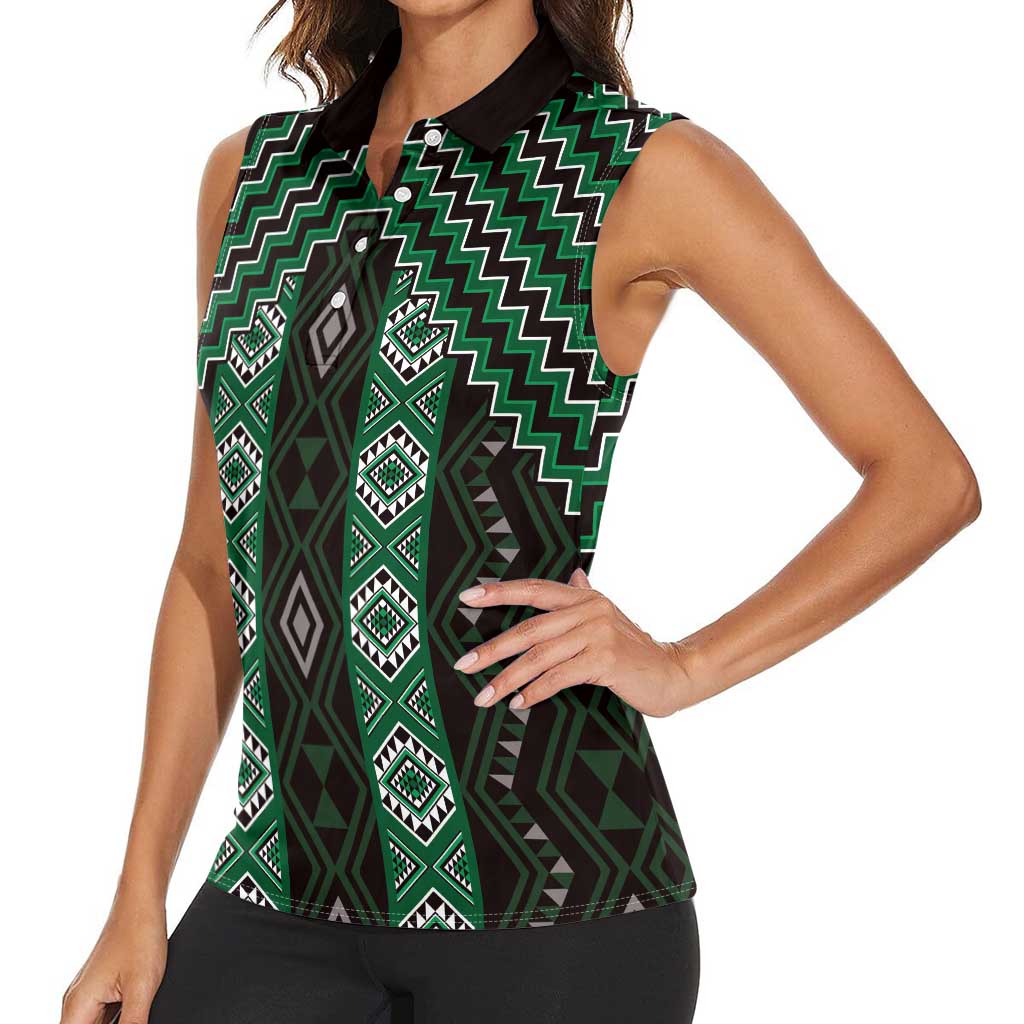 New Zealand Aotearoa Women Sleeveless Polo Shirt Green Poutama With Taniko Pattern LT05 - Polynesian Pride