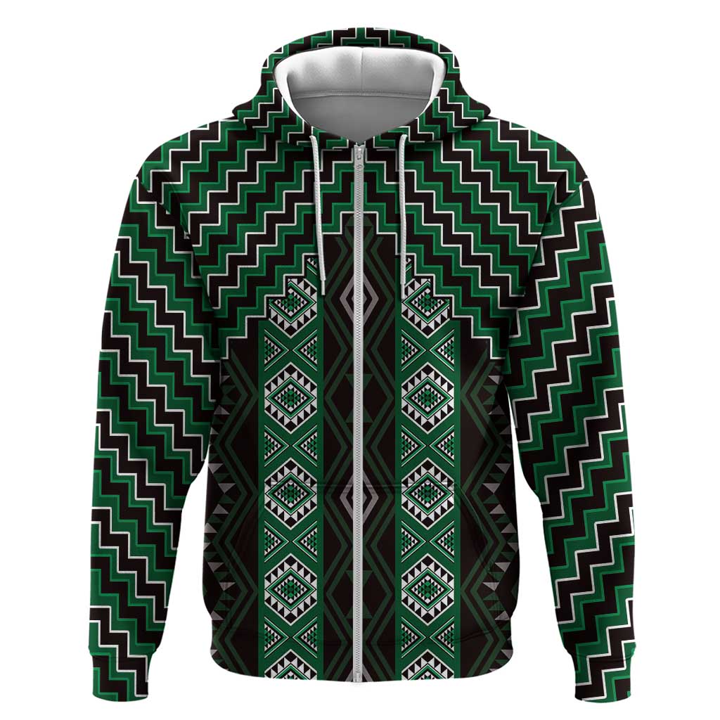 New Zealand Aotearoa Zip Hoodie Green Poutama With Taniko Pattern LT05