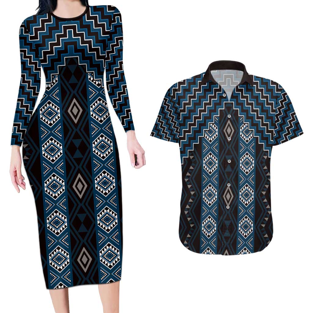 New Zealand Aotearoa Couples Matching Long Sleeve Bodycon Dress and Hawaiian Shirt Blue Poutama With Taniko Pattern LT05 Blue - Polynesian Pride