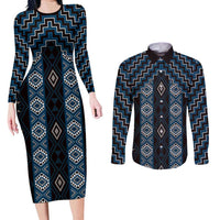 New Zealand Aotearoa Couples Matching Long Sleeve Bodycon Dress and Long Sleeve Button Shirt Blue Poutama With Taniko Pattern LT05