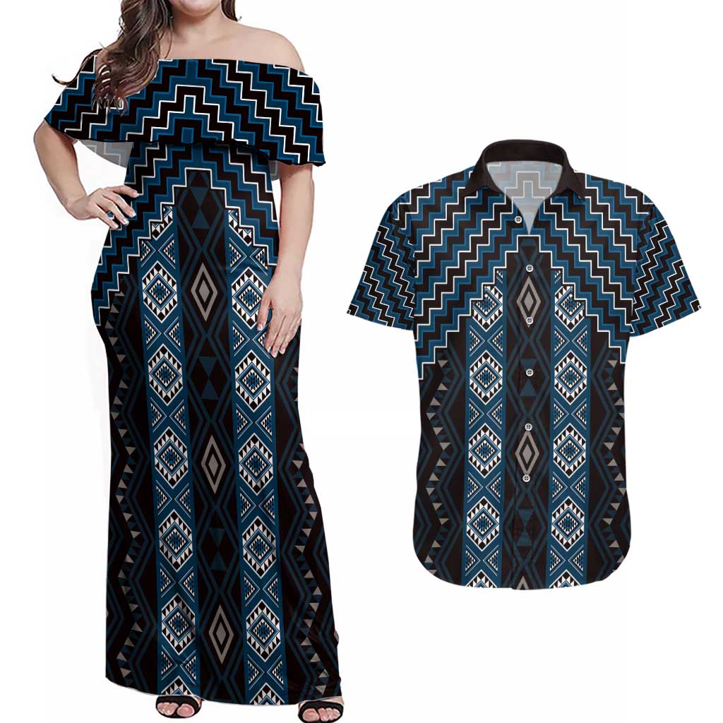 New Zealand Aotearoa Couples Matching Off Shoulder Maxi Dress and Hawaiian Shirt Blue Poutama With Taniko Pattern LT05 Blue - Polynesian Pride