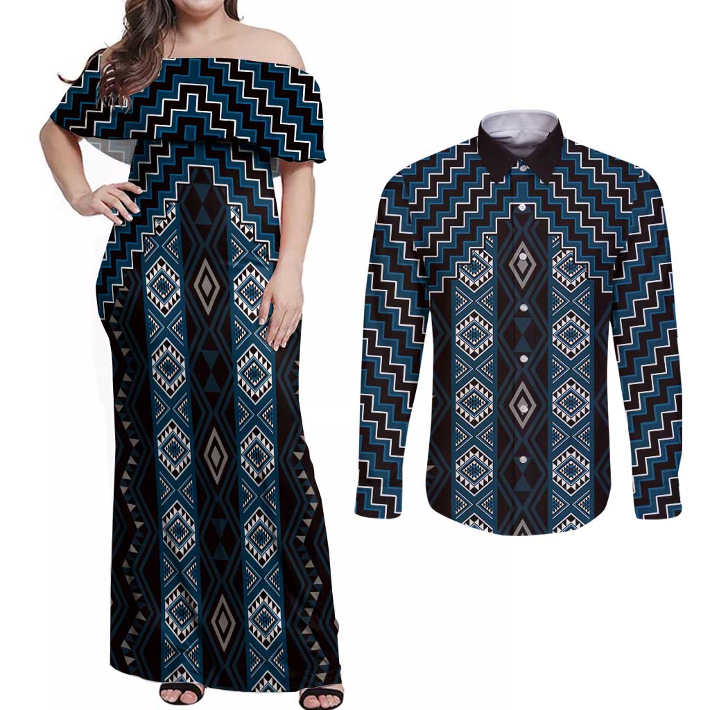New Zealand Aotearoa Couples Matching Off Shoulder Maxi Dress and Long Sleeve Button Shirt Blue Poutama With Taniko Pattern LT05