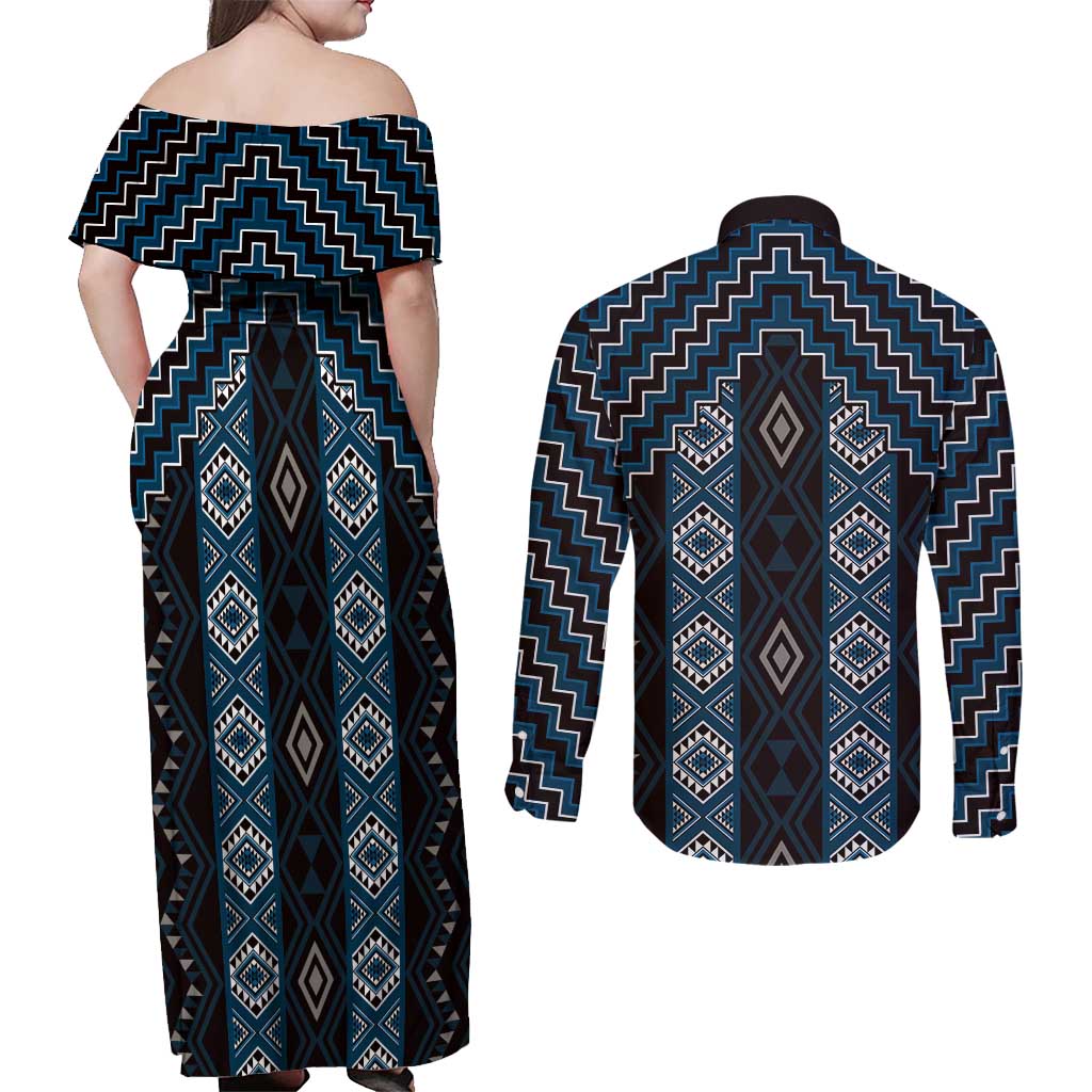New Zealand Aotearoa Couples Matching Off Shoulder Maxi Dress and Long Sleeve Button Shirt Blue Poutama With Taniko Pattern LT05
