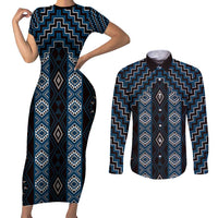 New Zealand Aotearoa Couples Matching Short Sleeve Bodycon Dress and Long Sleeve Button Shirt Blue Poutama With Taniko Pattern LT05