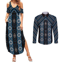 New Zealand Aotearoa Couples Matching Summer Maxi Dress and Long Sleeve Button Shirt Blue Poutama With Taniko Pattern LT05
