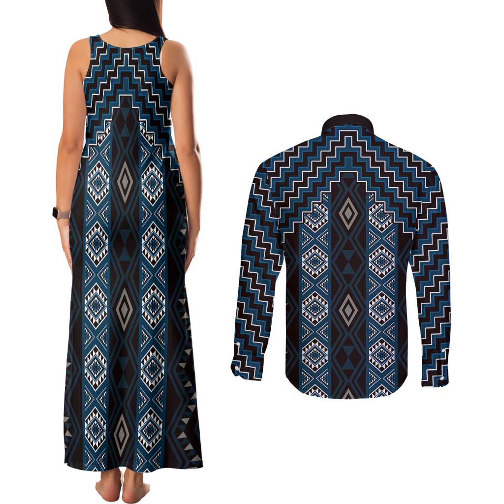 New Zealand Aotearoa Couples Matching Tank Maxi Dress and Long Sleeve Button Shirt Blue Poutama With Taniko Pattern LT05
