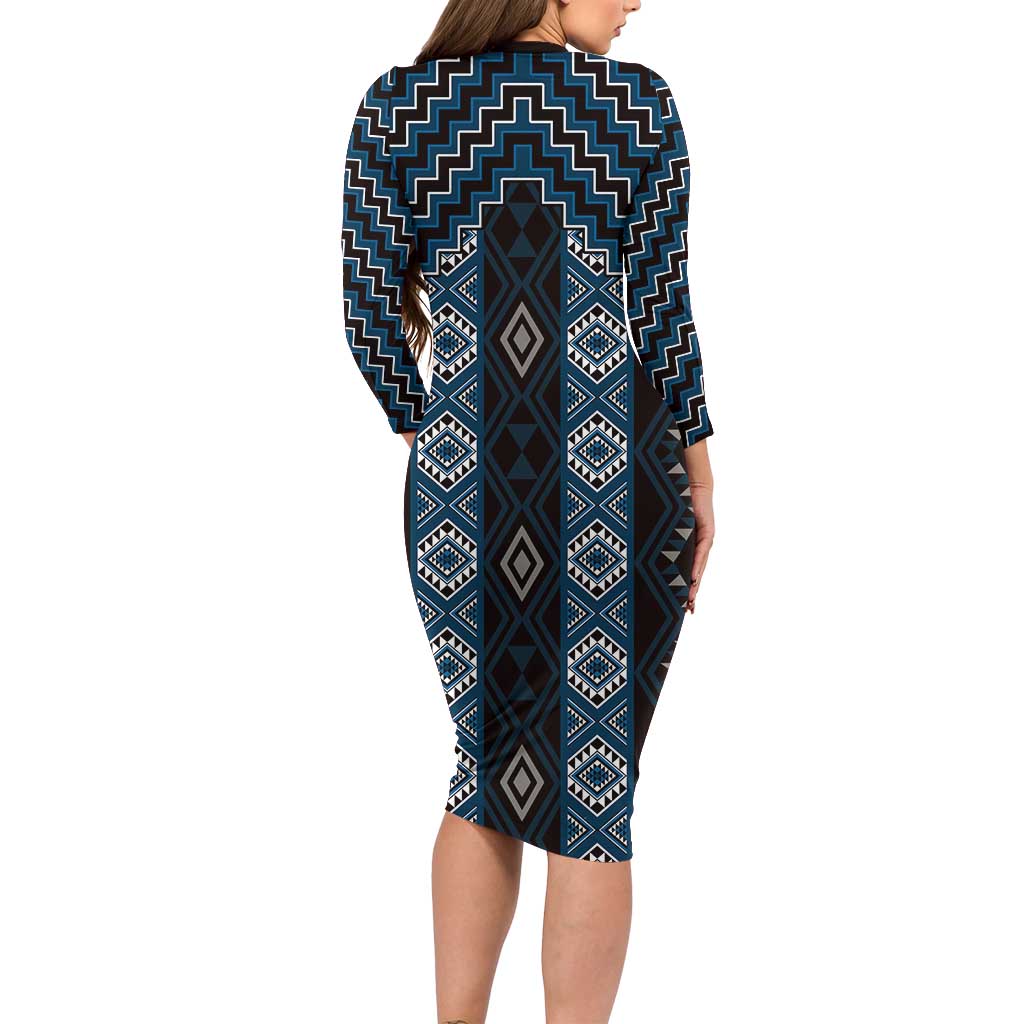 New Zealand Aotearoa Family Matching Long Sleeve Bodycon Dress and Hawaiian Shirt Blue Poutama With Taniko Pattern LT05 - Polynesian Pride