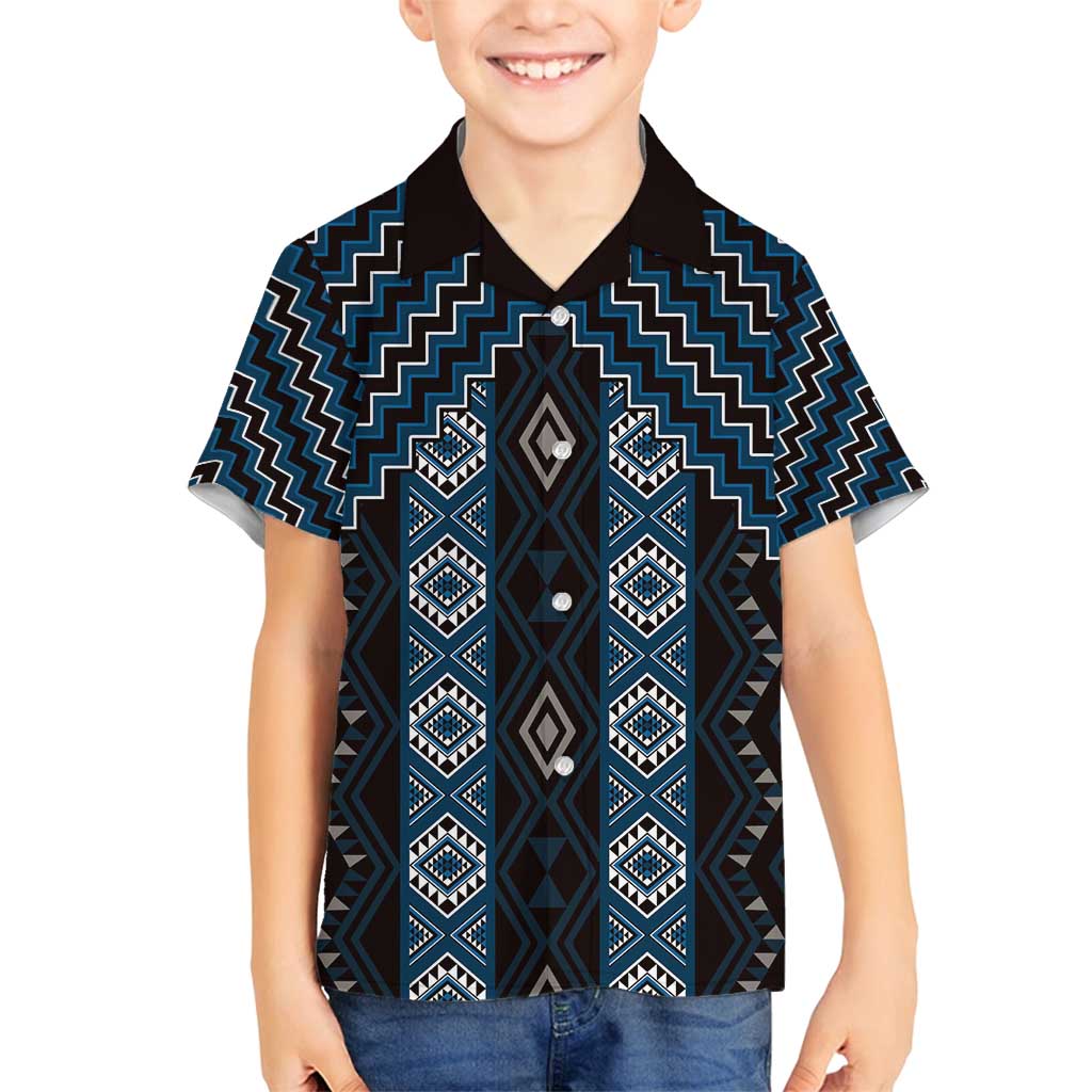 New Zealand Aotearoa Family Matching Long Sleeve Bodycon Dress and Hawaiian Shirt Blue Poutama With Taniko Pattern LT05 Son's Shirt Blue - Polynesian Pride