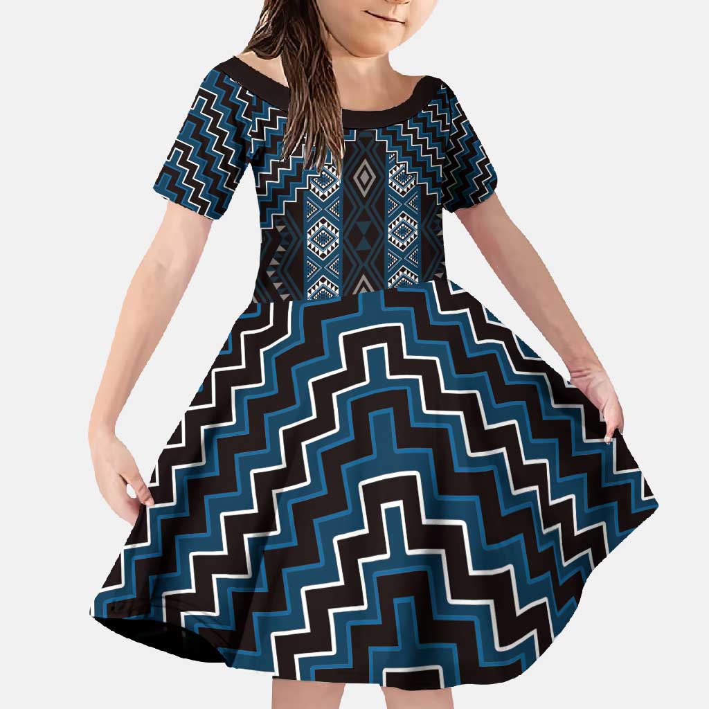 New Zealand Aotearoa Family Matching Short Sleeve Bodycon Dress and Hawaiian Shirt Blue Poutama With Taniko Pattern LT05 Daughter's Dress Blue - Polynesian Pride