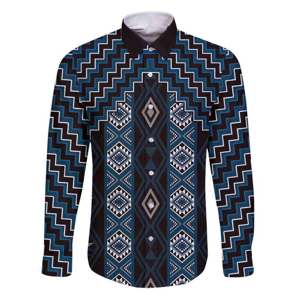 New Zealand Aotearoa Family Matching Short Sleeve Bodycon Dress and Hawaiian Shirt Blue Poutama With Taniko Pattern LT05 Dad's Shirt - Long Sleeve Blue - Polynesian Pride