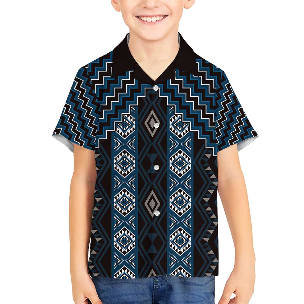 New Zealand Aotearoa Family Matching Short Sleeve Bodycon Dress and Hawaiian Shirt Blue Poutama With Taniko Pattern LT05 Son's Shirt Blue - Polynesian Pride