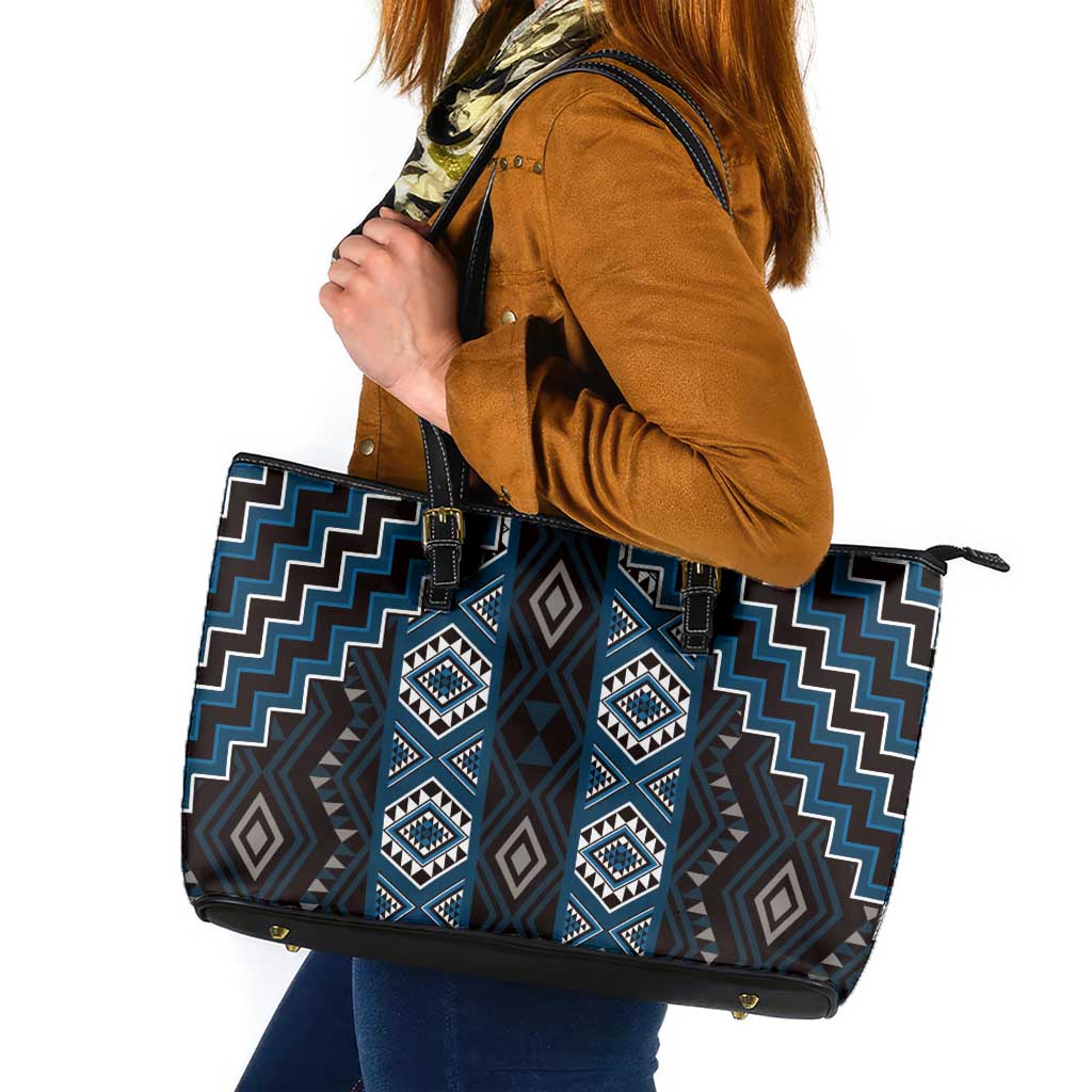 New Zealand Aotearoa Leather Tote Bag Blue Poutama With Taniko Pattern LT05 Blue - Polynesian Pride