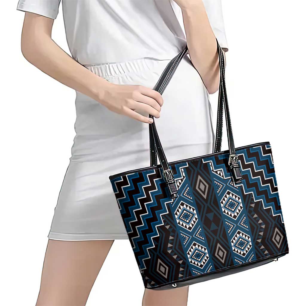 New Zealand Aotearoa Leather Tote Bag Blue Poutama With Taniko Pattern LT05 - Polynesian Pride