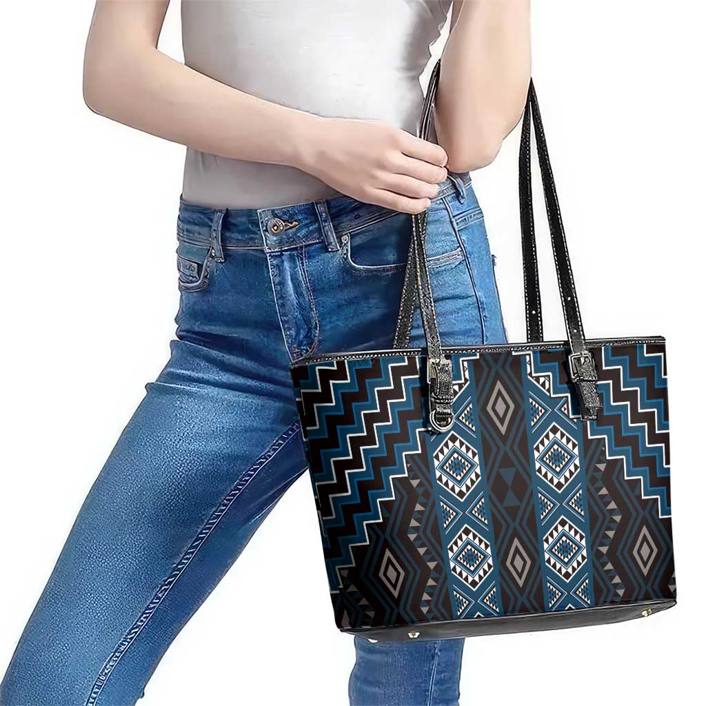 New Zealand Aotearoa Leather Tote Bag Blue Poutama With Taniko Pattern LT05 - Polynesian Pride
